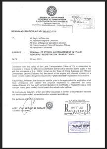 Official Lto Memo Engine Chassis Number Stencil For Plain Renewal