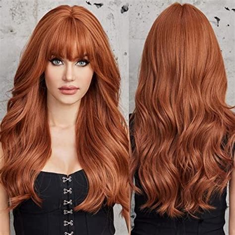 Emmor Orange Brown Long Wigs For Women Natural Wavy Wig With Bangs Heat Resistant