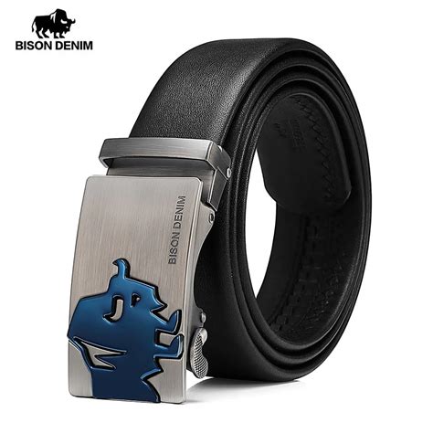 BISON DENIM Cow Leather Men Belt Automatic Alloy Buckle Belt Luxury