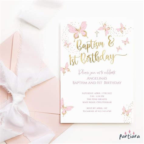 Butterfly Baptism Invitation Girl 1st Birthday Party Invites Printable Editable Digital Download