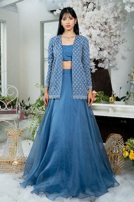 Buy Blue Silk Organza Embellishment Bugle Embroidered Jacket Skirt Set