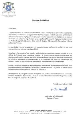 Message de Monseigneur Nourrichard concernant l Abbé Payre 6 avril