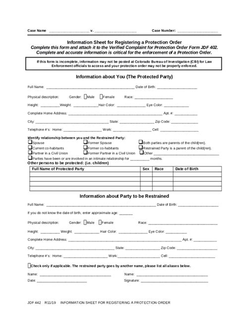 JDF 442 Ination Sheet To Register A Protection Order Doc Template