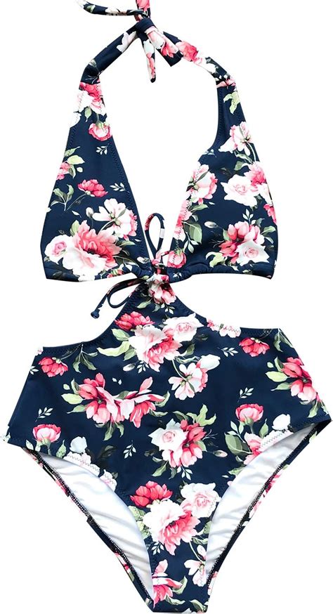 Cupshe Womens Floral Print Halter Bathing Suit Shirring One Piece