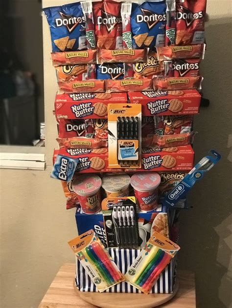 A Stack Of Snacks On Top Of A Wooden Table