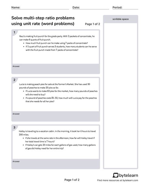 Solve Multi Step Problems Using Unit Rate Word Problems Worksheets