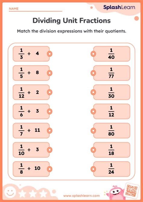 Divide Whole Number By Unit Fraction And Match Printable Math Worksheet