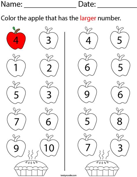 Color The Apple That Has The Larger Number Math Worksheet Twisty Noodle