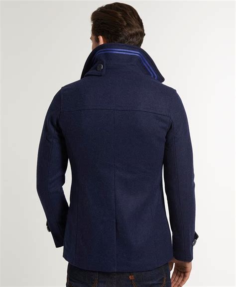 Men S Commodity Slim Pea Coat In Navy Marl Superdry Ca En