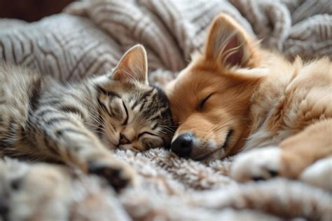 Premium AI Image | Dog and Cat Sleeping Together on a Blanket