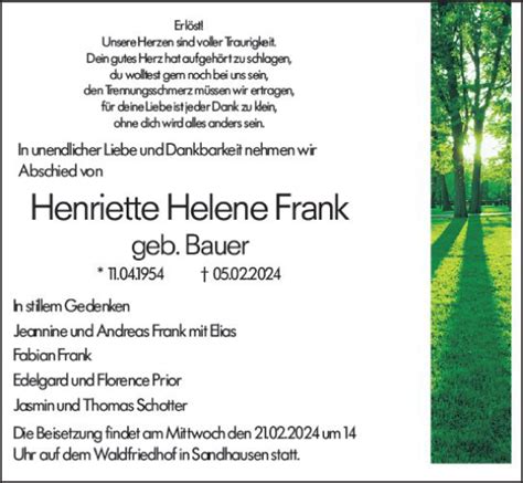 Traueranzeigen Von Henriette Helene Frank Vrm Trauer De