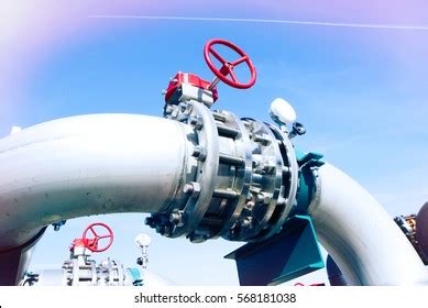 Industrial Zone Steel Pipelines Valves Against Stock Photo