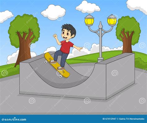 Little Boy Playing Skate Board In The Park Cartoon Stock Vector Illustration Of Cartoon Cool