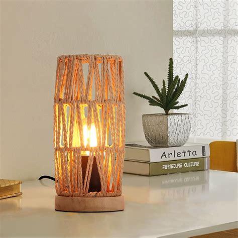 SUNLLOK Boho Nachttischlampe Mit Holz Sockel Retro Rattan Lampe Kleine