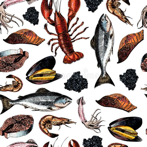 Vector Seamless Pattern Of Seafood Lobster Squid Salmon Caviar