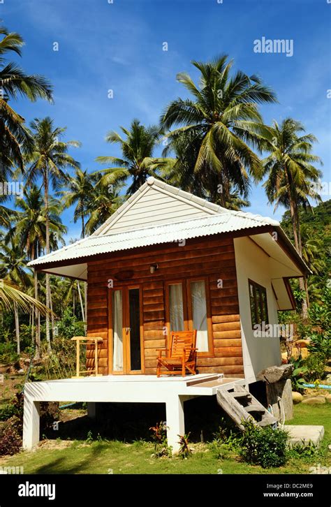 Bungalow And Palm Tree At Tropical Island Stock Photo Alamy