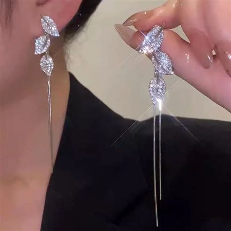 Korean Silver Color Crystal Leaf Long Tassel Earrings Luxury Rhinestone