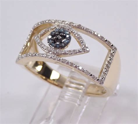 Yellow Gold Diamond Evil Eye Ring Blue And Black Fancy Diamond Band