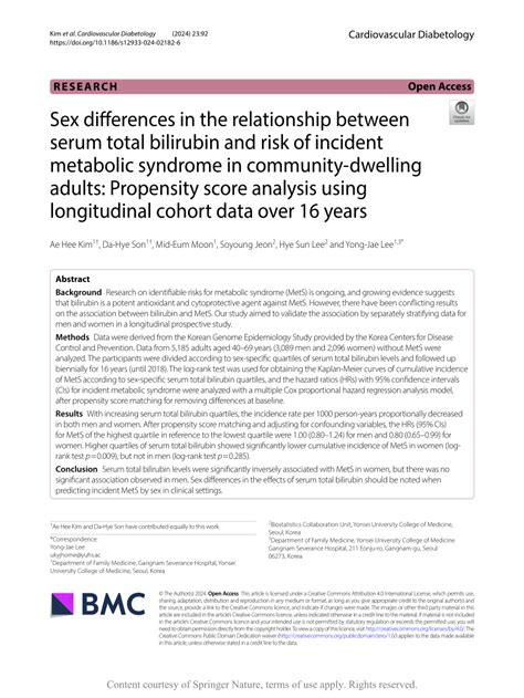 Pdf Sex Differences In The Relationship Between Serum Total Bilirubin