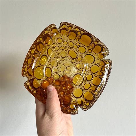 Vintage Blenko Amber Bubble Glass Ashtray Round Square Eclectic 60s Decor Trinket Catchall