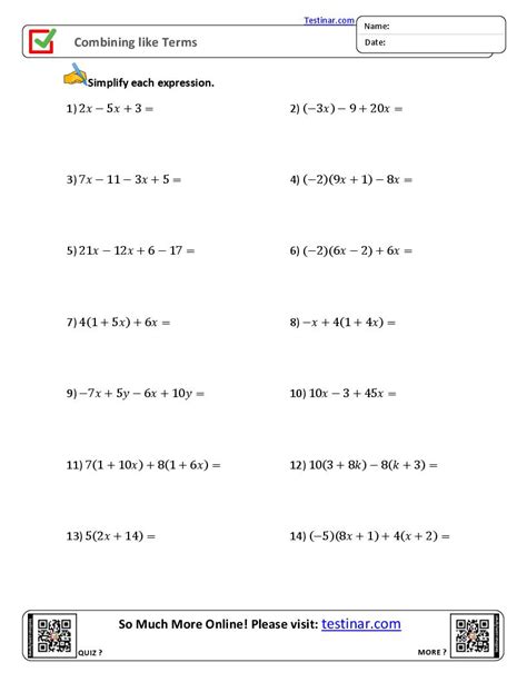 Free Worksheets Combining Like Terms