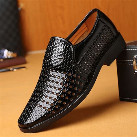 Men Microfiber Leather Hollow Breathable Business Casual Shoes - Black ...