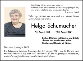 Traueranzeigen Von Helga Schumacher Trauerportal Ihrer Tageszeitung