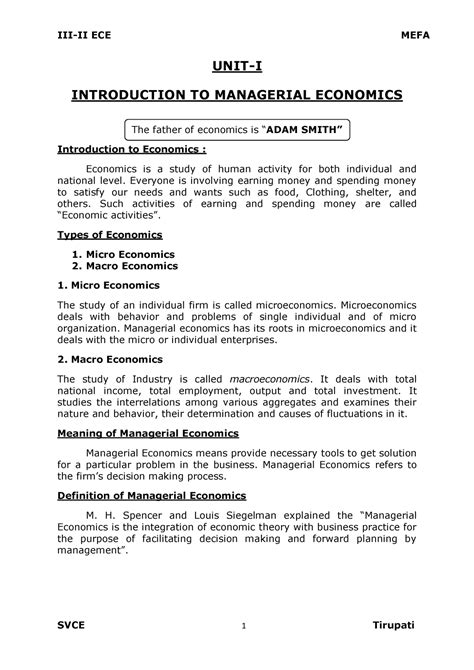 MEFA Units 1 To 5 UNIT I INTRODUCTION TO MANAGERIAL ECONOMICS