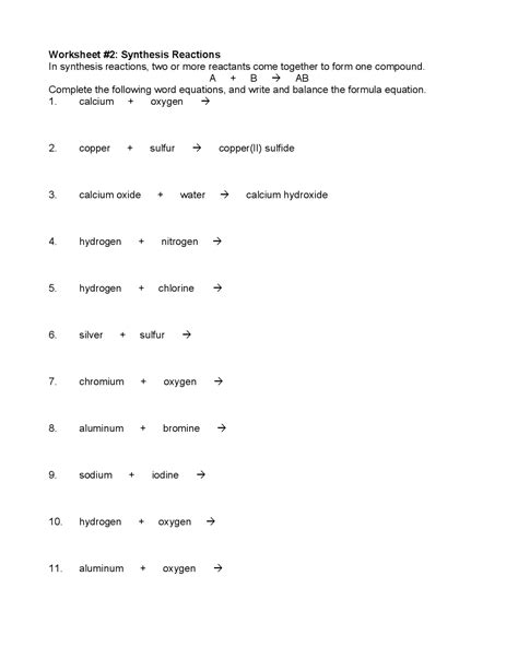 Synthesis Reactions Worksheet Problems | Exercises Chemistry | Docsity ...