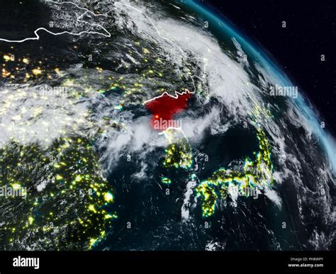 North Korea From Space At Night With Visible Country Borders D