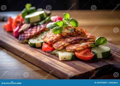 Halloumi And Sliced Vegetables On Cedar Plank Stock Illustration