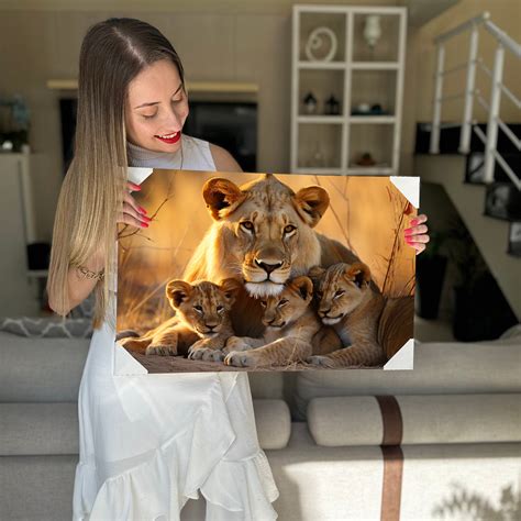 Mae Leoa Com 3 Filhotes - Quadro Decorativo Canvas Leão Mãe Leoa Com Três Filhotes Horizontal ...