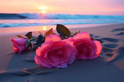 Premium Photo Roses On The Sand Of A Beach At Sunset With The Sun