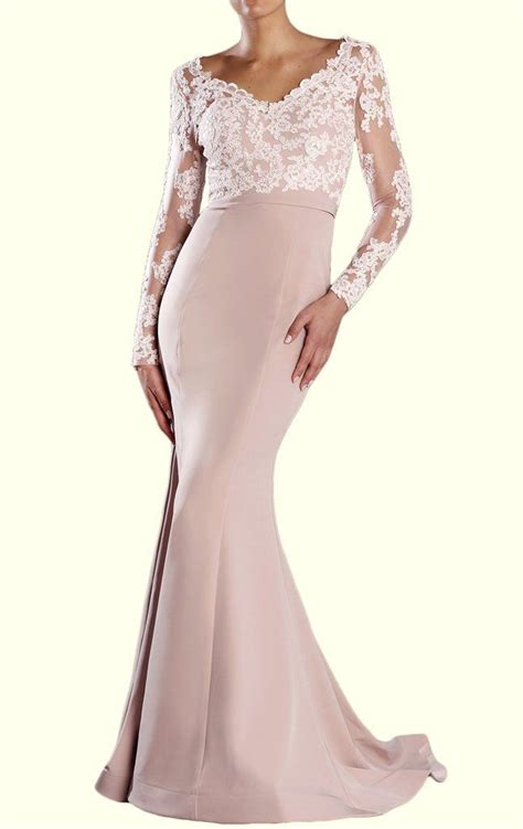 Macloth Long Sleeves V Neck Lace Prom Dress Mermaid Jersey Formal