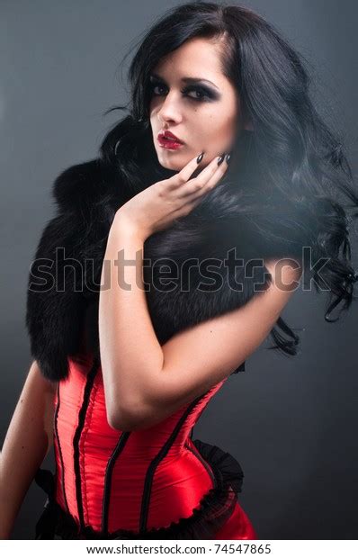 Sexy Brunette Red Corset Fur Long Stock Photo 74547865 Shutterstock