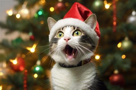 Premium Ai Image Cute Cat In Santa Claus Hat Near Christmas Tree On