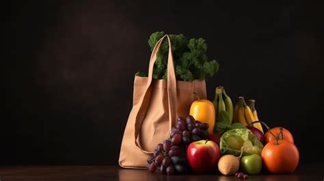 Una Bolsa De Frutas Y Verduras Sobre Una Mesa Foto Premium