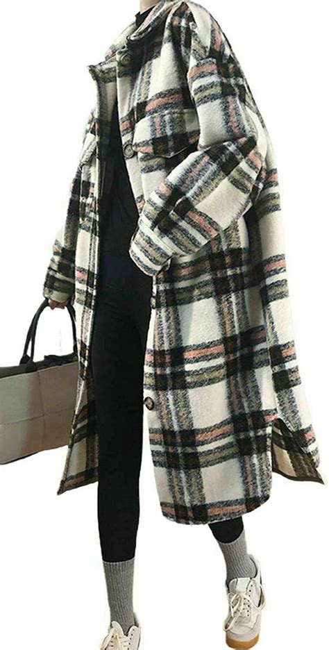 Womens Lightweight Spread Collar Wool Blend Plaid Midi Shacket Trench