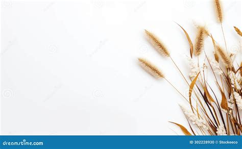 Minimalist White Background With Decorative Dried Grasses In Warm Color Palette Stock