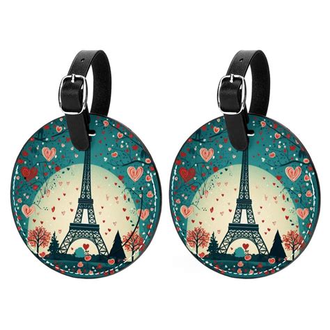 Eiffel Tower Valentine S Day 2Pcs PU Leather Round Luggage Tags With