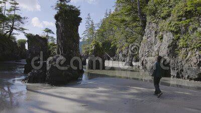 Woman Walking On Sandy Beach On Pacific Ocean Coast View Sunny Sky