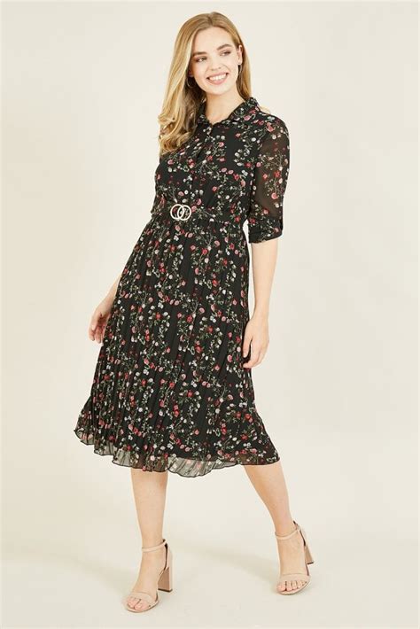 Black Ditsy Floral Pleated Skirt Dress Yumi