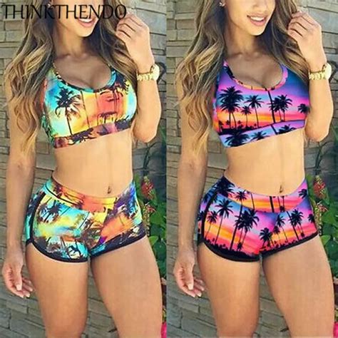 THINKTHENDO Sexy Swimsuit Women S Crop Top High Waist Shorts Floral