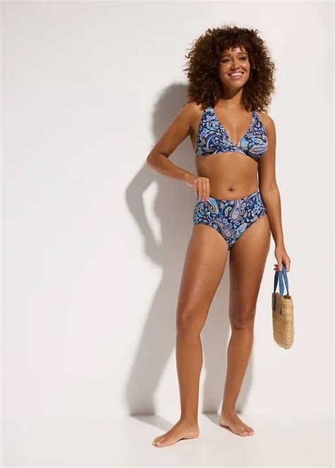 Elegante Halter Bikini Met Een Paisley Motief Donkerblauw