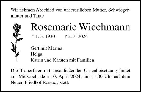 Traueranzeigen Von Rosemarie Wiechmann Trauer Anzeigen De