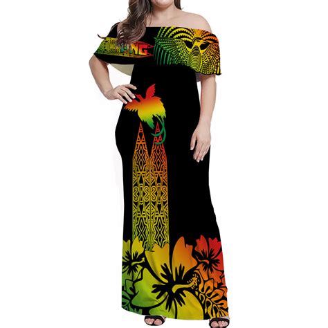 Png Hibiscus Tribal Pattern Off Shoulder Long Dress Motuan Raggae Color