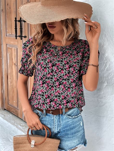 Shein Vcay Allover Floral Print Puff Sleeve Blouse Shein Usa