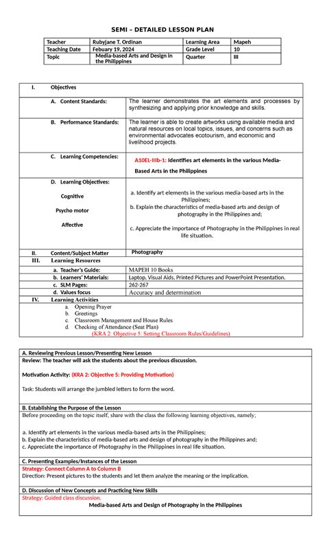 Mapeh 10 Arts Copy Semi Detailed Lesson Plan Teacher Rubyjane T Ordinan Learning Area Mapeh