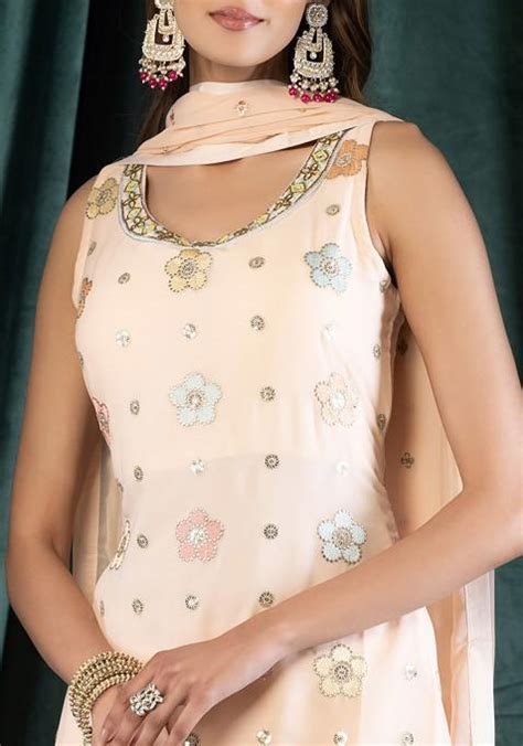 Buy Women Light Peach Embroidered Sharara Set With Multicolour