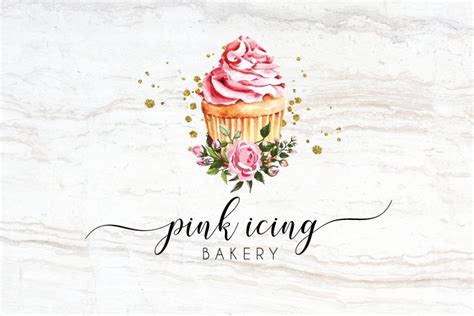 Watercolor Pink Cupcake Bakery Logo Design Vector Template